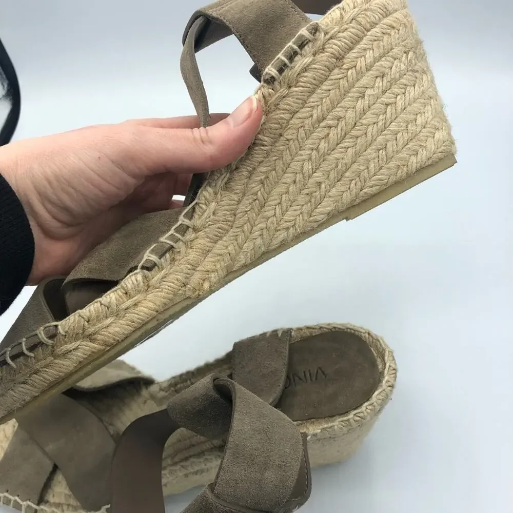 Vince Taupe Leather Espadrille Wedge Sandals Womens 10 Strappy Beachy Casual